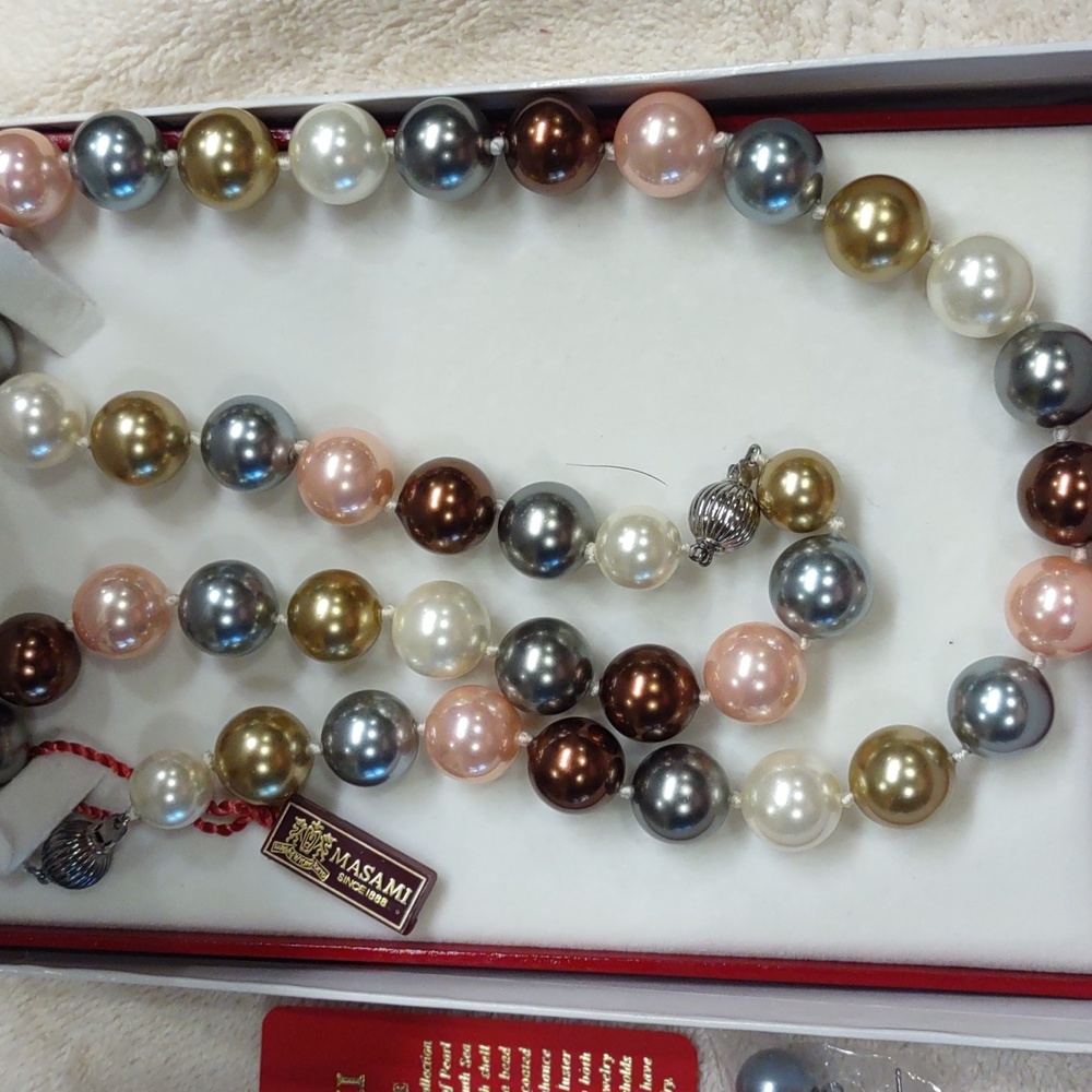 Multicolor Pearl Necklace And Earrings Large Pink Brown Gray Nib - Picture 2 of 6